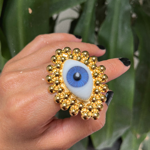 Anillo Laminado de Amuleto con Ojo de Cristal (Azul) - Grande